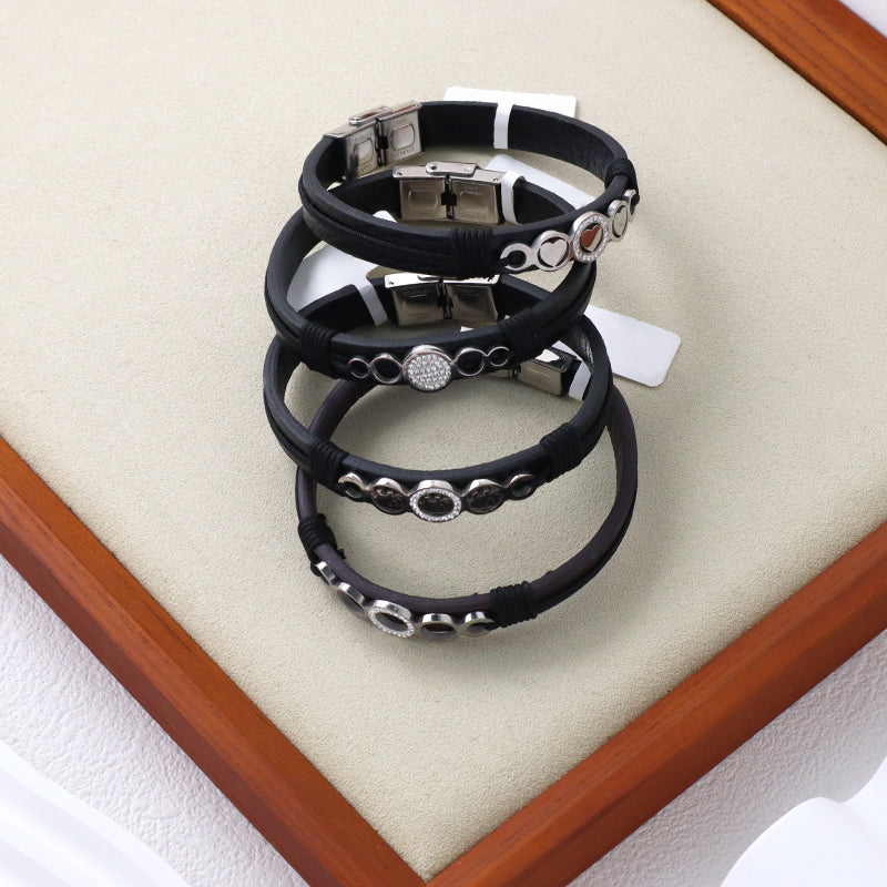 Manufacture New Fashion Wholesale Factory Jewelry CZ No Tarnish Stainless Steel Heart Elephant Buckle Charm Leather Rope Men Bangle Bracelet
