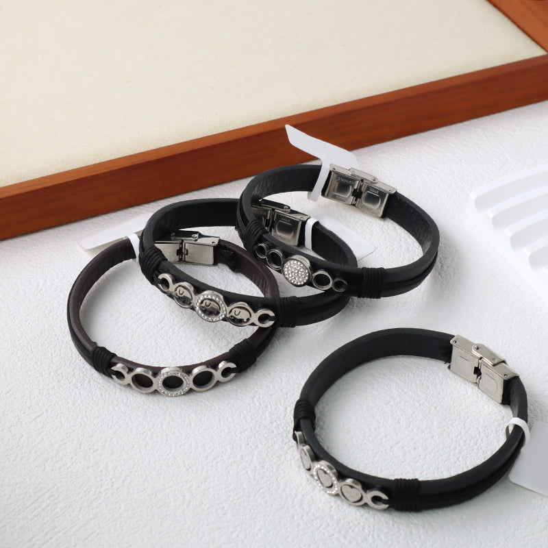 Manufacture New Fashion Wholesale Factory Jewelry CZ No Tarnish Stainless Steel Heart Elephant Buckle Charm Leather Rope Men Bangle Bracelet