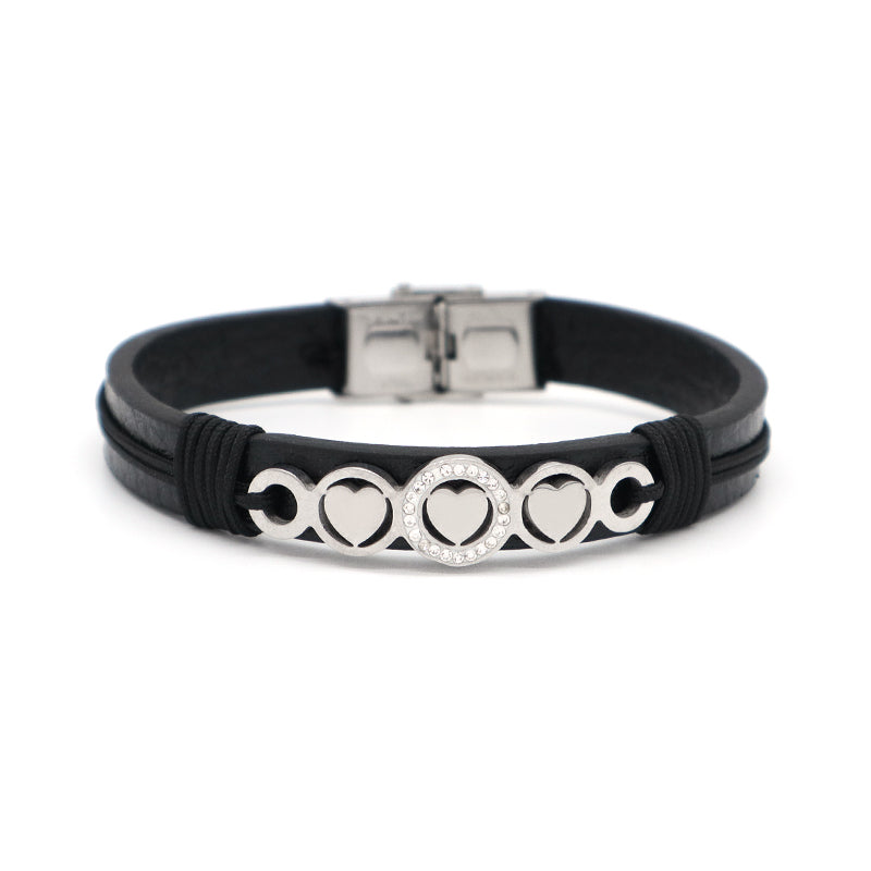 Manufacture New Fashion Wholesale Factory Jewelry CZ No Tarnish Stainless Steel Heart Elephant Buckle Charm Leather Rope Men Bangle Bracelet