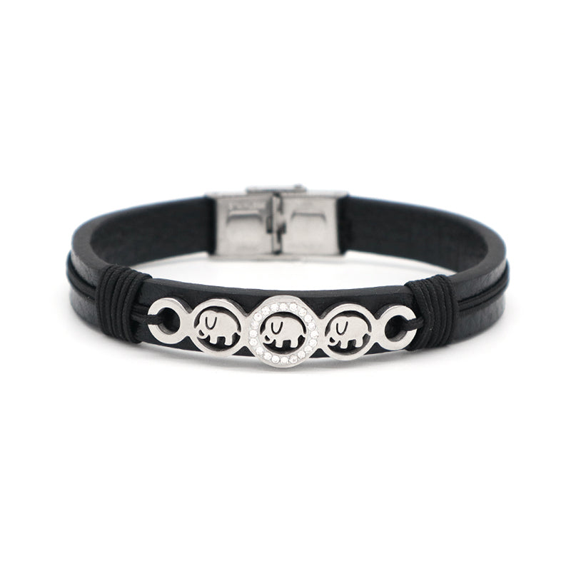 Manufacture New Fashion Wholesale Factory Jewelry CZ No Tarnish Stainless Steel Heart Elephant Buckle Charm Leather Rope Men Bangle Bracelet