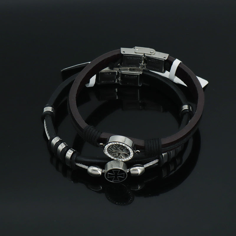 Wholesale Factory Manufacture New Fashion Jewelry CZ No Tarnish Stainless Steel Tree Cross Buckle Charm Leather Rope Men Bangle Bracelet