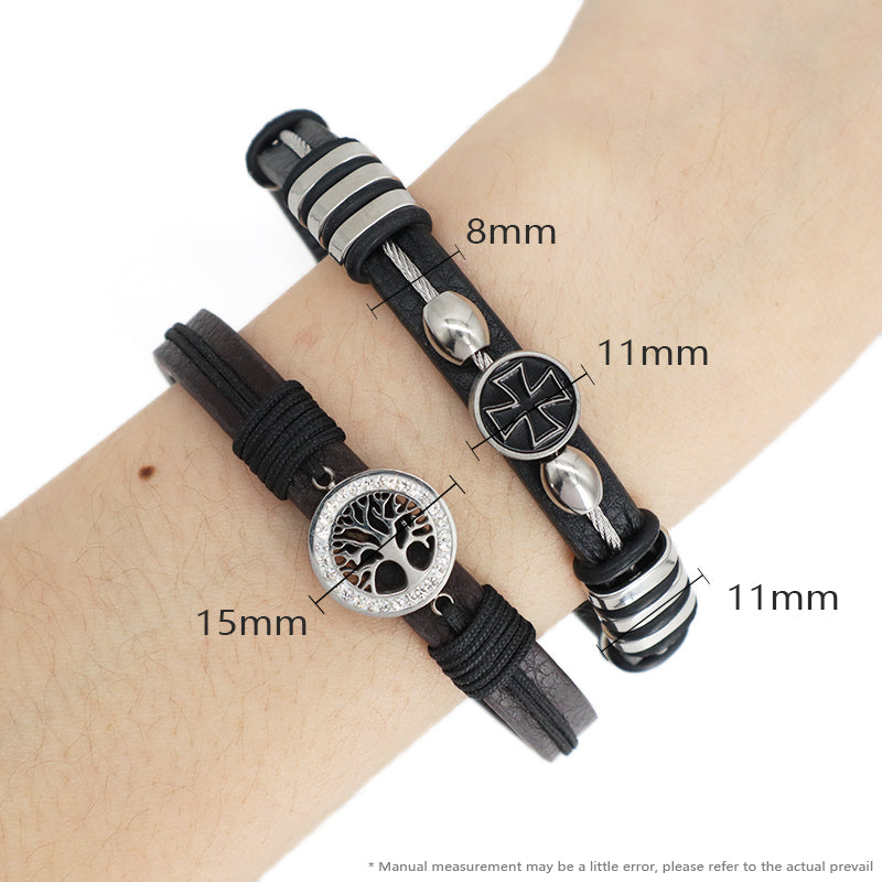 Wholesale Factory Manufacture New Fashion Jewelry CZ No Tarnish Stainless Steel Tree Cross Buckle Charm Leather Rope Men Bangle Bracelet