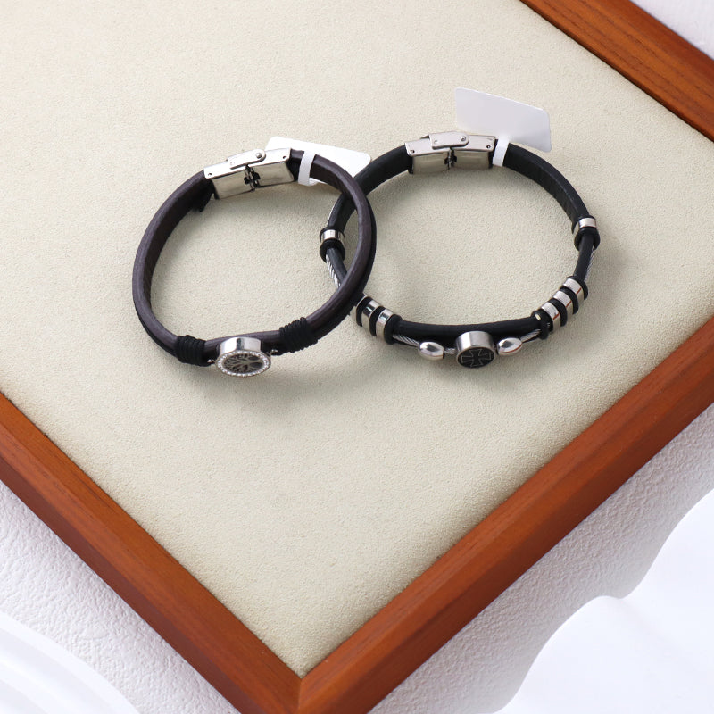 Wholesale Factory Manufacture New Fashion Jewelry CZ No Tarnish Stainless Steel Tree Cross Buckle Charm Leather Rope Men Bangle Bracelet