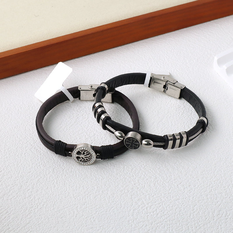 Wholesale Factory Manufacture New Fashion Jewelry CZ No Tarnish Stainless Steel Tree Cross Buckle Charm Leather Rope Men Bangle Bracelet