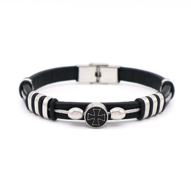 Wholesale Factory Manufacture New Fashion Jewelry CZ No Tarnish Stainless Steel Tree Cross Buckle Charm Leather Rope Men Bangle Bracelet