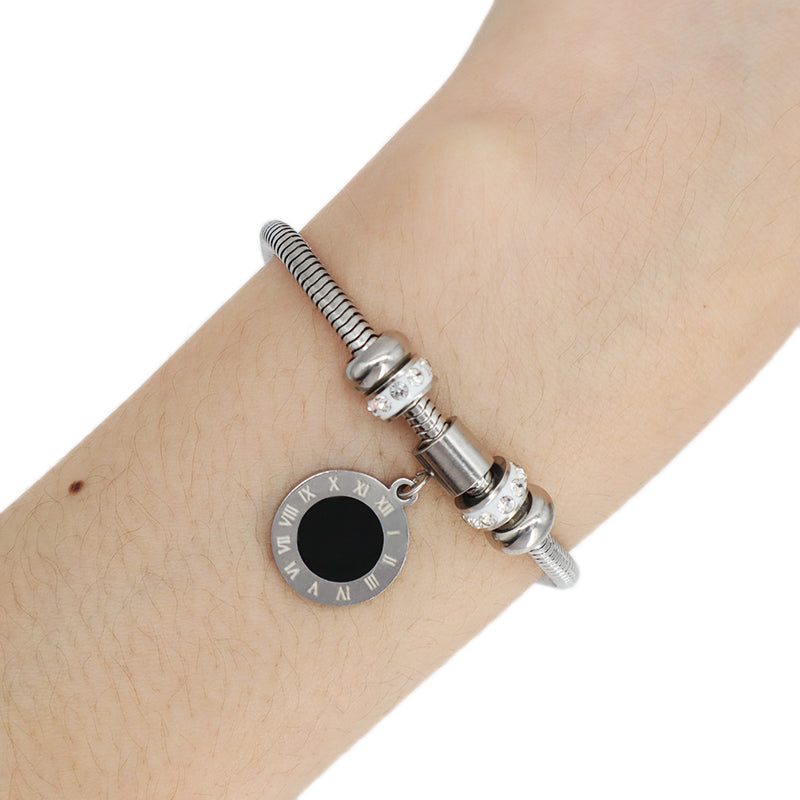 Fashion Design Manufacture China Factory Wholesale Custom Jewelry Women Gift Ajustable Stainless Steel No Tarnish Round Roman Numerals Charm Bracelet Bangle