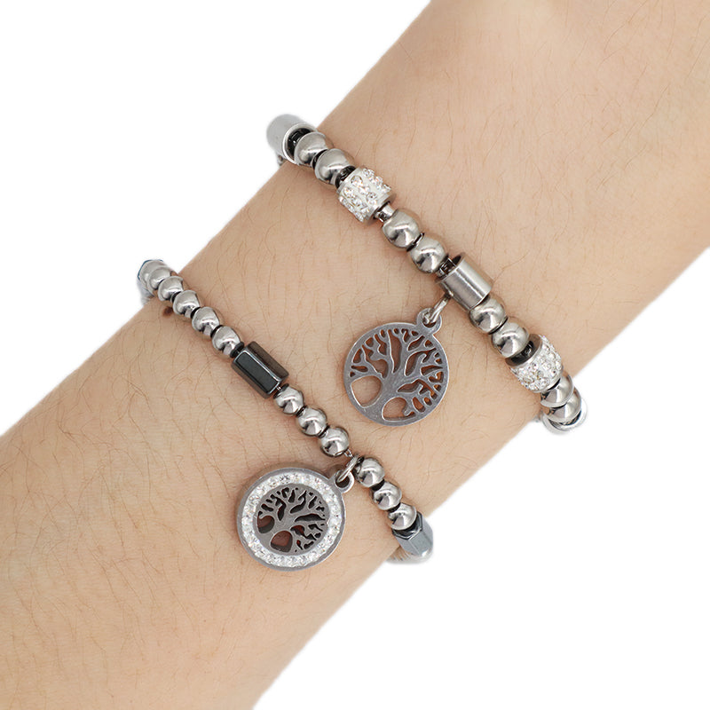 China Factory Manufacture Fashion Wholesale Customized Gift Jewelry Stainless Steel Ajustable No Tarnish CZ Life Tree Charm Bracelet Bangle For Women