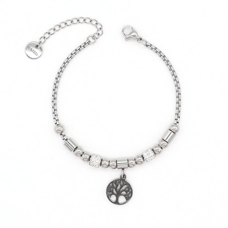 China Factory Manufacture Fashion Wholesale Customized Gift Jewelry Stainless Steel Ajustable No Tarnish CZ Life Tree Charm Bracelet Bangle For Women