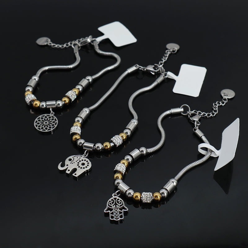 Customized Wholesale Manufacture Fashion China Factory Jewelry Gift Ajustable Stainless Steel No Tarnish CZ Flower Elephant Hand Charm Bracelet Bangle For Women