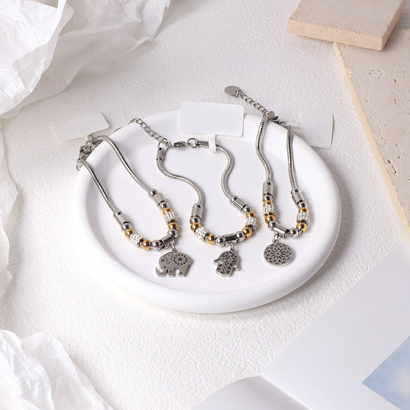 Customized Wholesale Manufacture Fashion China Factory Jewelry Gift Ajustable Stainless Steel No Tarnish CZ Flower Elephant Hand Charm Bracelet Bangle For Women