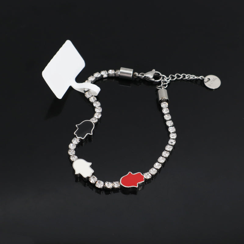 New Wholesale Manufacture Custom China Factory Trendy Women White Red Black Hand Charm Jewelry Ajustable No Tarnish Stainless Steel CZ Enamel Hand Bangle Bracelet