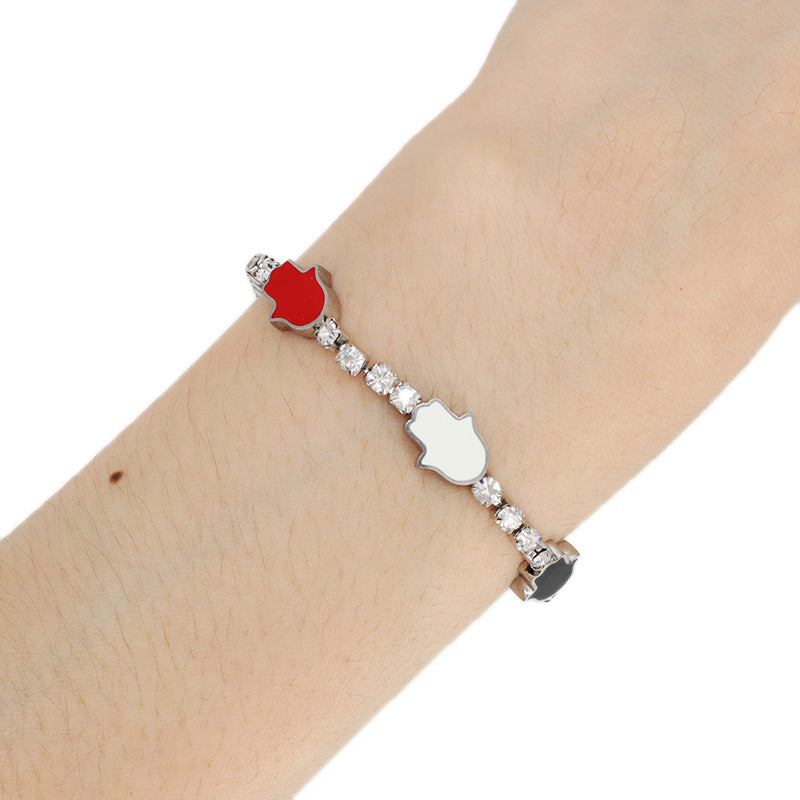 New Wholesale Manufacture Custom China Factory Trendy Women White Red Black Hand Charm Jewelry Ajustable No Tarnish Stainless Steel CZ Enamel Hand Bangle Bracelet
