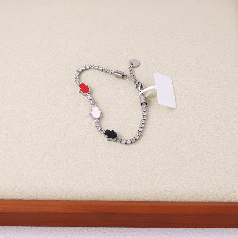 New Wholesale Manufacture Custom China Factory Trendy Women White Red Black Hand Charm Jewelry Ajustable No Tarnish Stainless Steel CZ Enamel Hand Bangle Bracelet