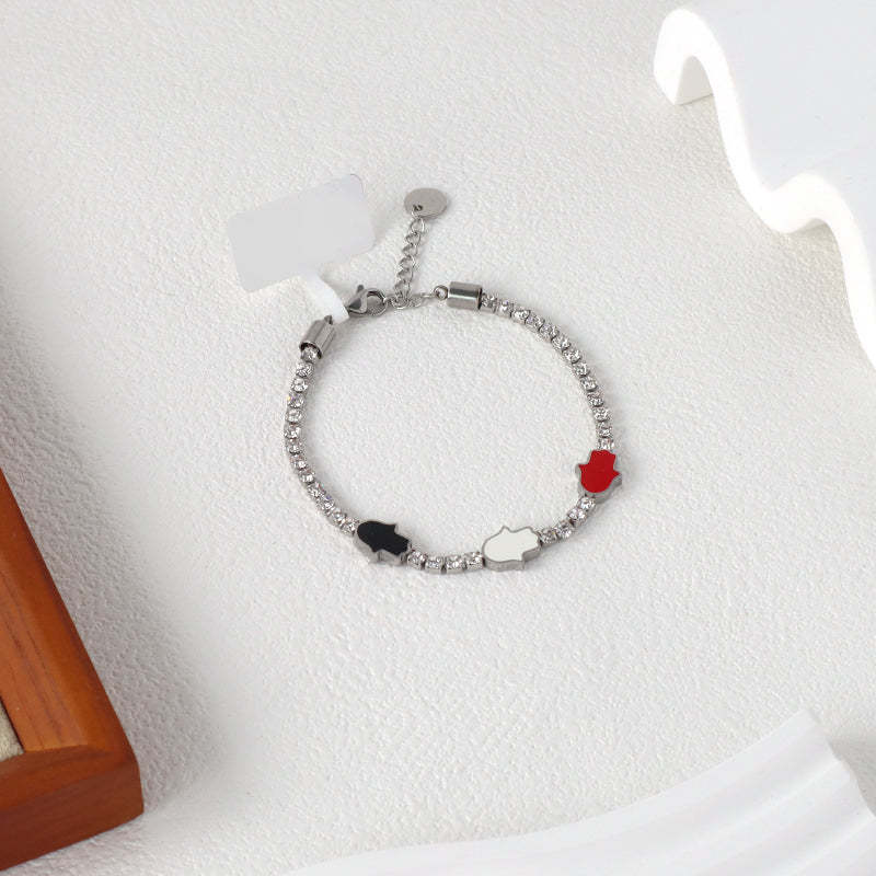 New Wholesale Manufacture Custom China Factory Trendy Women White Red Black Hand Charm Jewelry Ajustable No Tarnish Stainless Steel CZ Enamel Hand Bangle Bracelet