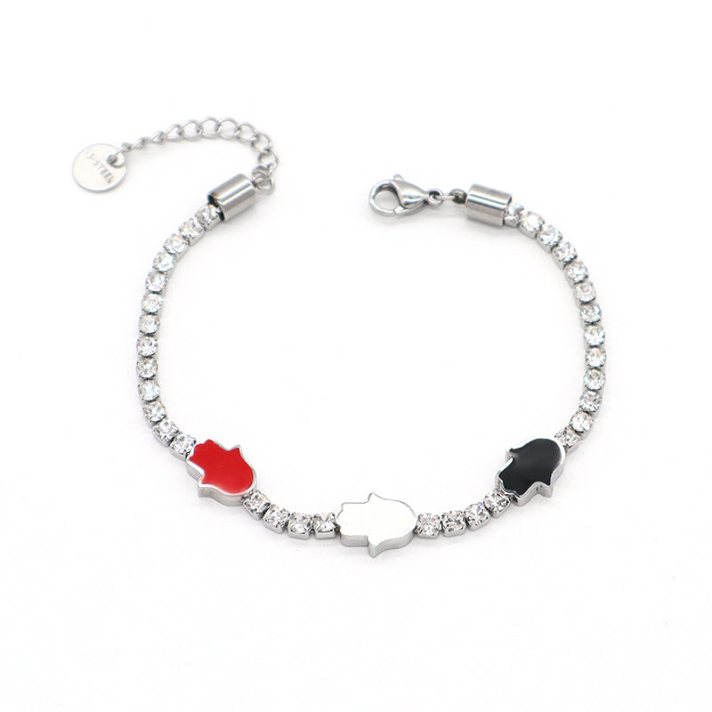 New Wholesale Manufacture Custom China Factory Trendy Women White Red Black Hand Charm Jewelry Ajustable No Tarnish Stainless Steel CZ Enamel Hand Bangle Bracelet