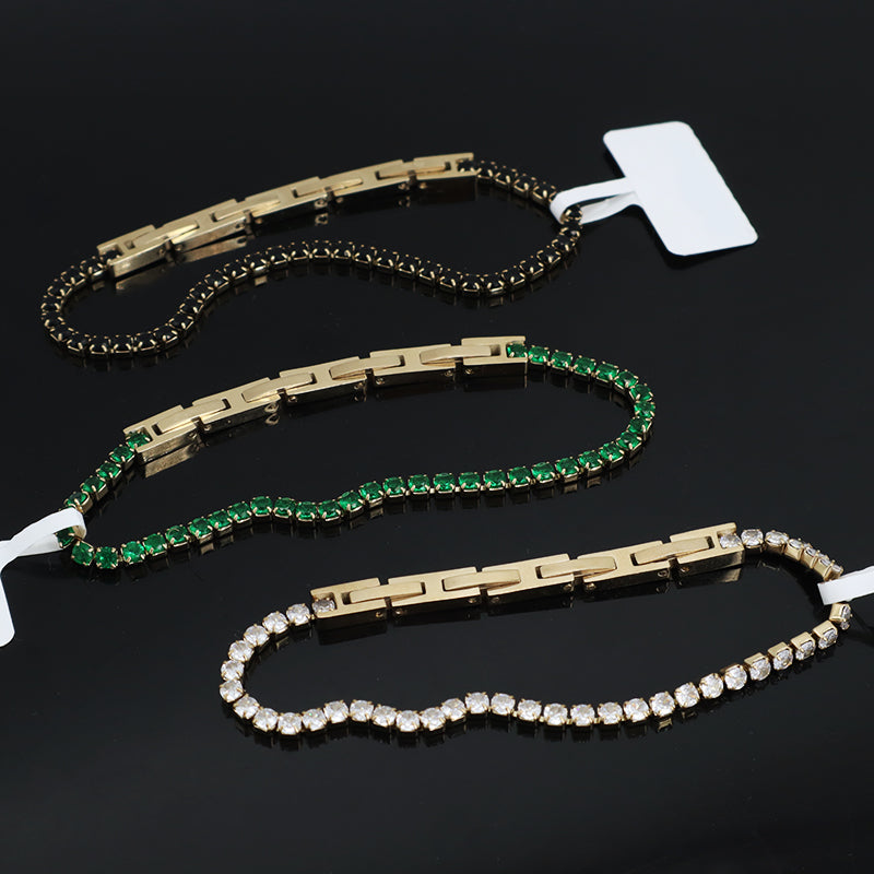 Custom China Factory Fashion New Wholesale Manufacture Women Jewelry Ajustable Gold Plated Stainless Steel Black Green Micro Pave CZ Bracelet Bangle