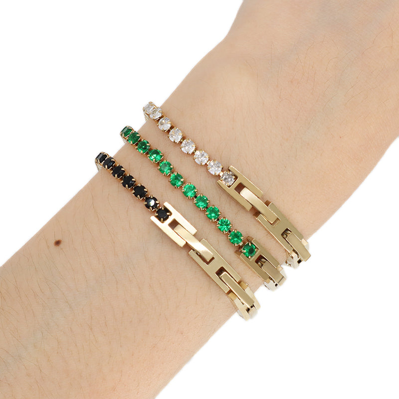 Custom China Factory Fashion New Wholesale Manufacture Women Jewelry Ajustable Gold Plated Stainless Steel Black Green Micro Pave CZ Bracelet Bangle