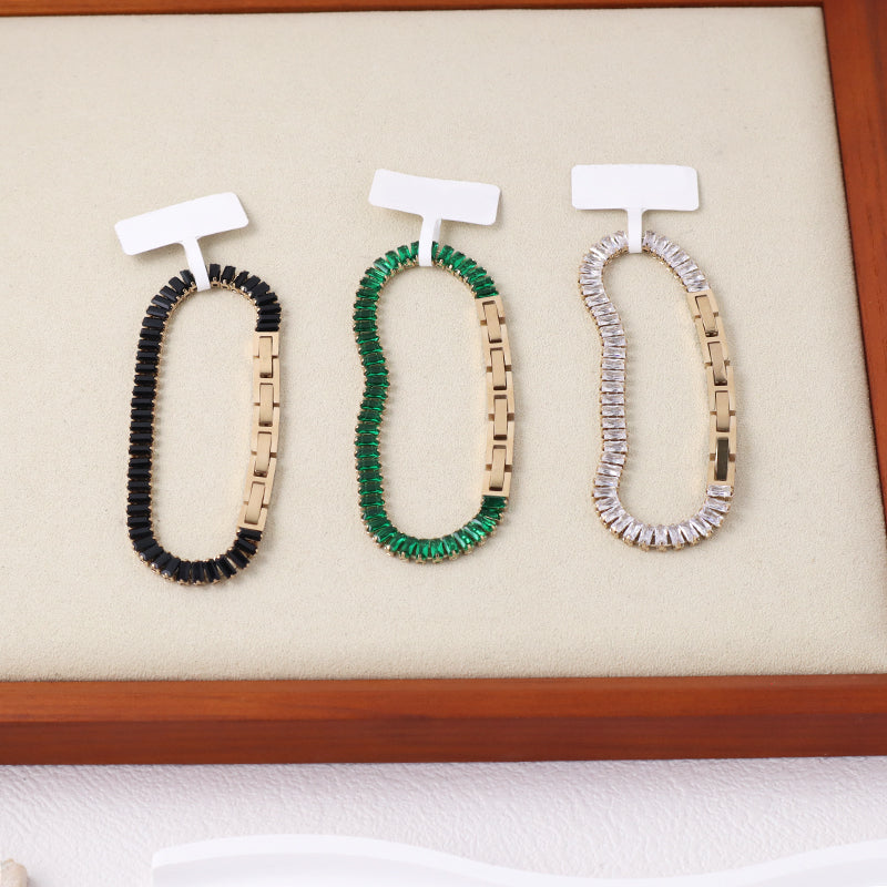 Good Quality Newest Wholesale Customized Manufacture Fashion Women Jewelry China Factory Ajustable Black Green CZ Micro Pave Gold Plated Stainless Steel Bracelet Bangle