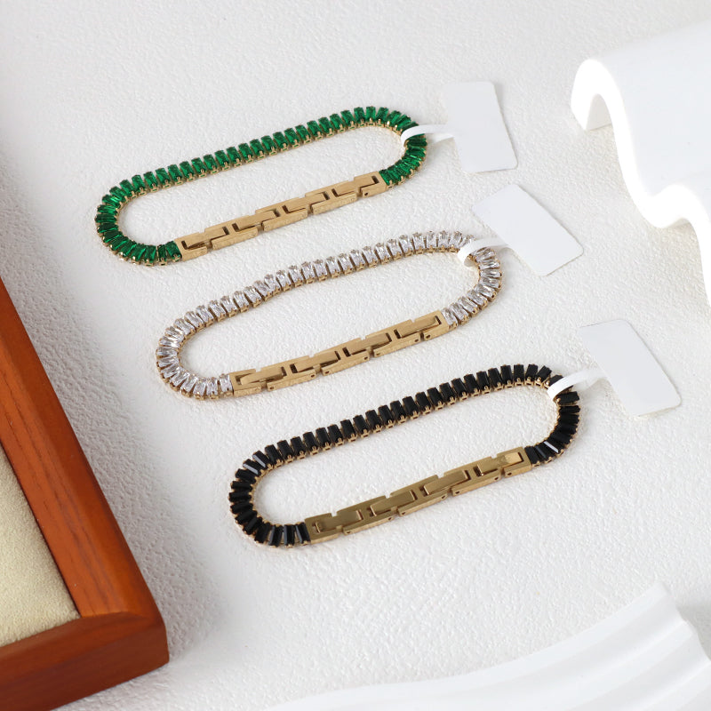 Good Quality Newest Wholesale Customized Manufacture Fashion Women Jewelry China Factory Ajustable Black Green CZ Micro Pave Gold Plated Stainless Steel Bracelet Bangle