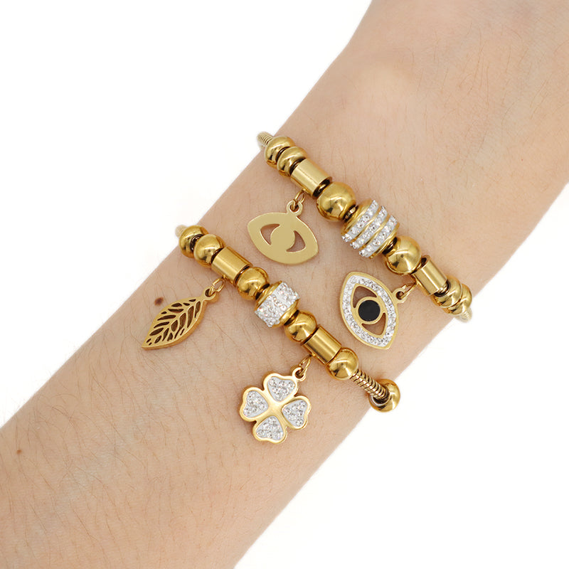 2023 China Factory Manufacture New Wholesale Fashion Custom Women Jewelry Ajustable CZ Gold Plated Stainless Steel Leaf Flower Evil Eyes Bracelet Bangle