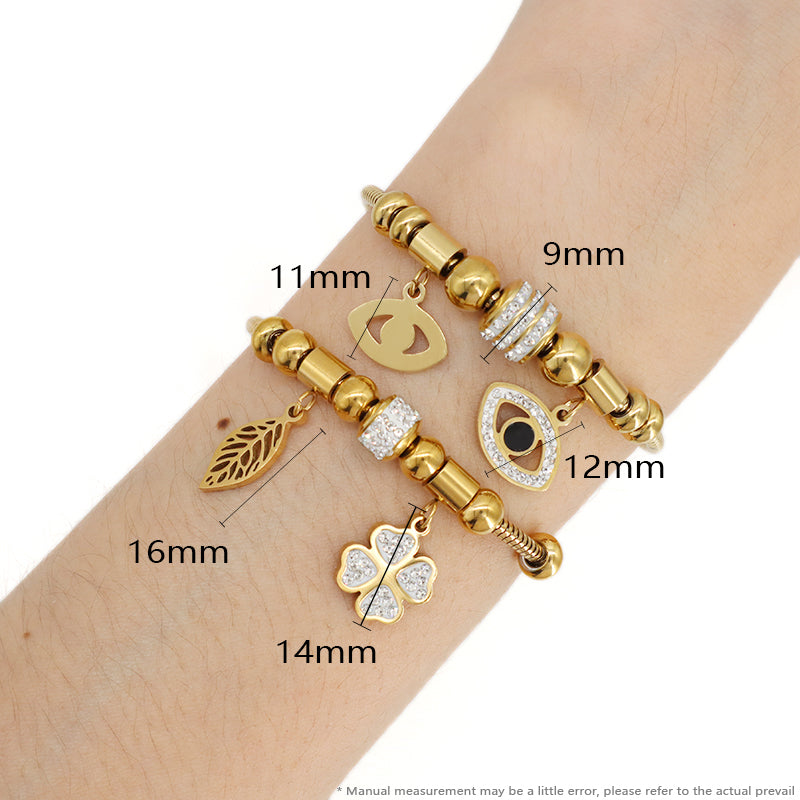 2023 China Factory Manufacture New Wholesale Fashion Custom Women Jewelry Ajustable CZ Gold Plated Stainless Steel Leaf Flower Evil Eyes Bracelet Bangle