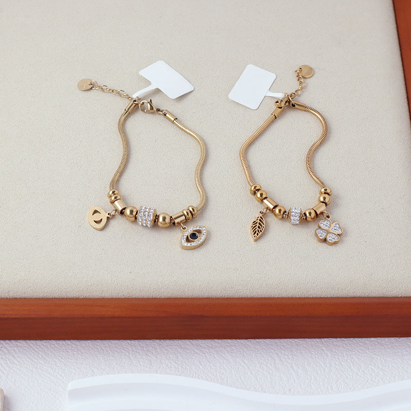 2023 China Factory Manufacture New Wholesale Fashion Custom Women Jewelry Ajustable CZ Gold Plated Stainless Steel Leaf Flower Evil Eyes Bracelet Bangle