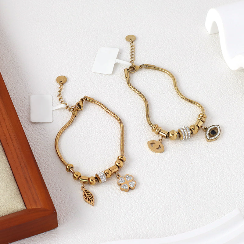 2023 China Factory Manufacture New Wholesale Fashion Custom Women Jewelry Ajustable CZ Gold Plated Stainless Steel Leaf Flower Evil Eyes Bracelet Bangle