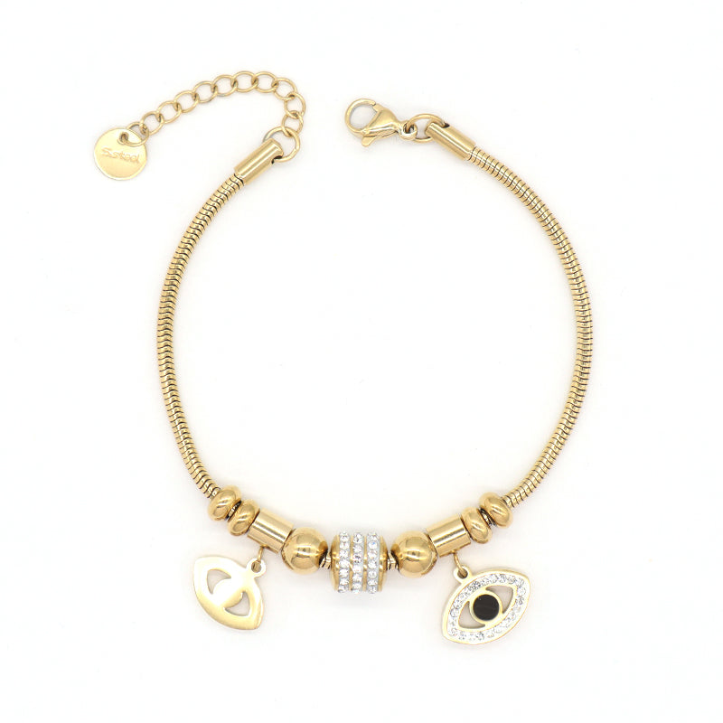 2023 China Factory Manufacture New Wholesale Fashion Custom Women Jewelry Ajustable CZ Gold Plated Stainless Steel Leaf Flower Evil Eyes Bracelet Bangle