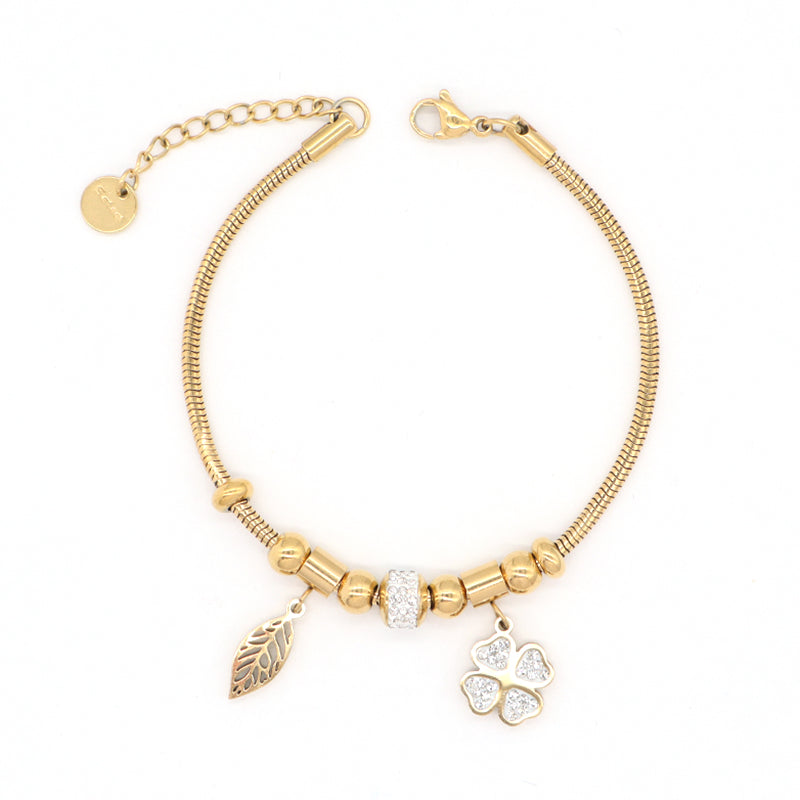 2023 China Factory Manufacture New Wholesale Fashion Custom Women Jewelry Ajustable CZ Gold Plated Stainless Steel Leaf Flower Evil Eyes Bracelet Bangle