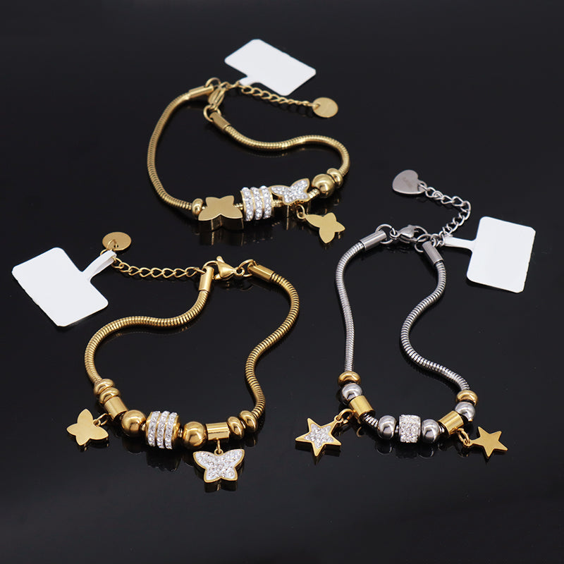 Ajustable CZ Gold Plated Stainless Steel Butterfly Star Charm Bracelet China Factory Manufacture New Wholesale Fashion Custom Women Star Butterfly Bangle Jewelry
