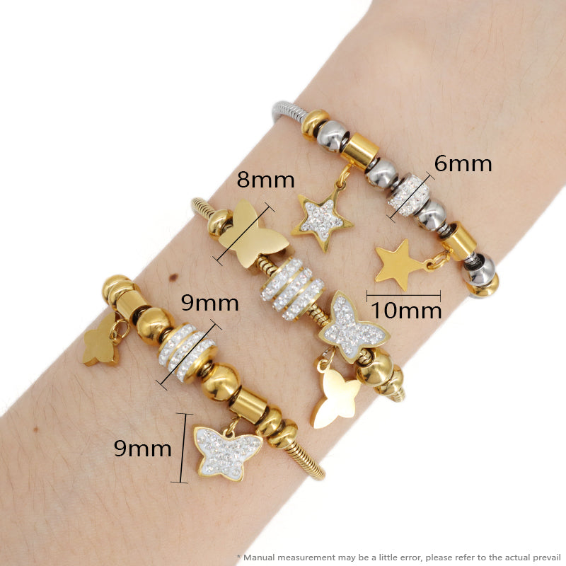 Ajustable CZ Gold Plated Stainless Steel Butterfly Star Charm Bracelet China Factory Manufacture New Wholesale Fashion Custom Women Star Butterfly Bangle Jewelry