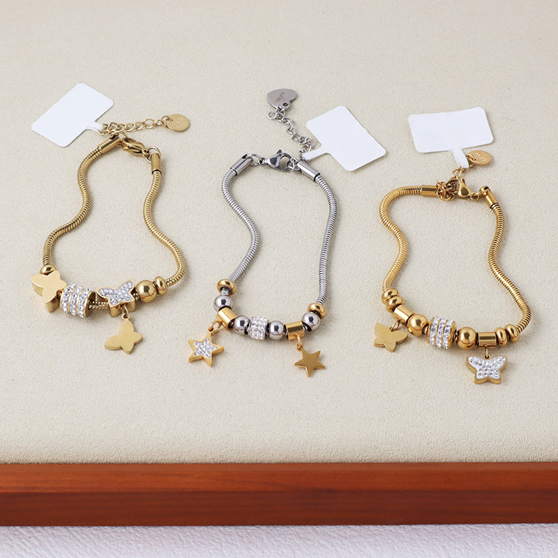 Ajustable CZ Gold Plated Stainless Steel Butterfly Star Charm Bracelet China Factory Manufacture New Wholesale Fashion Custom Women Star Butterfly Bangle Jewelry
