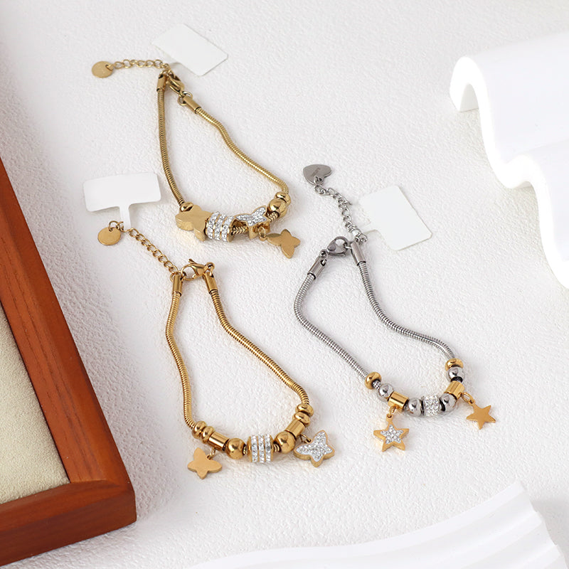 Ajustable CZ Gold Plated Stainless Steel Butterfly Star Charm Bracelet China Factory Manufacture New Wholesale Fashion Custom Women Star Butterfly Bangle Jewelry