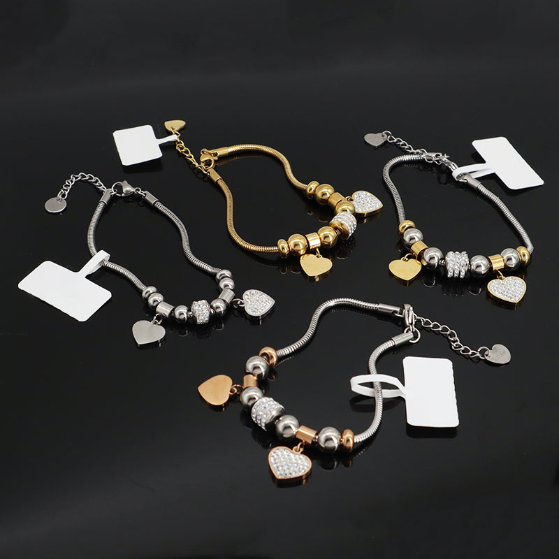 Wholesale Fashion China Factory CZ Gold Plated Stainless Steel Heart Charm Bracelet Ajustable Manufacture New Custom Women Love Heart Bangle Jewelry