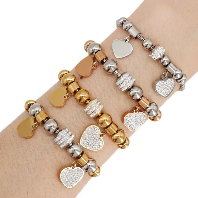 Wholesale Fashion China Factory CZ Gold Plated Stainless Steel Heart Charm Bracelet Ajustable Manufacture New Custom Women Love Heart Bangle Jewelry