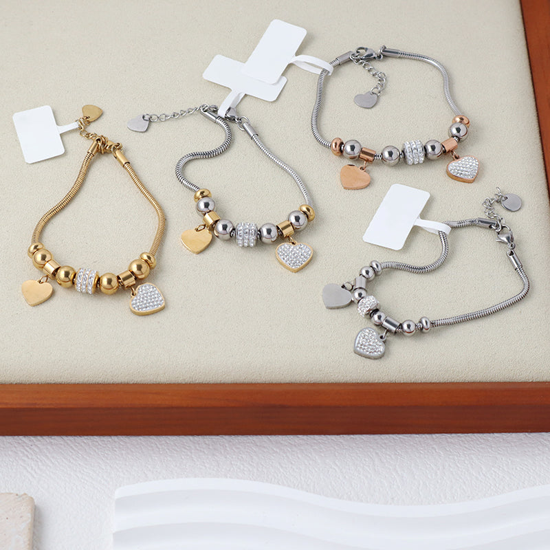 Wholesale Fashion China Factory CZ Gold Plated Stainless Steel Heart Charm Bracelet Ajustable Manufacture New Custom Women Love Heart Bangle Jewelry