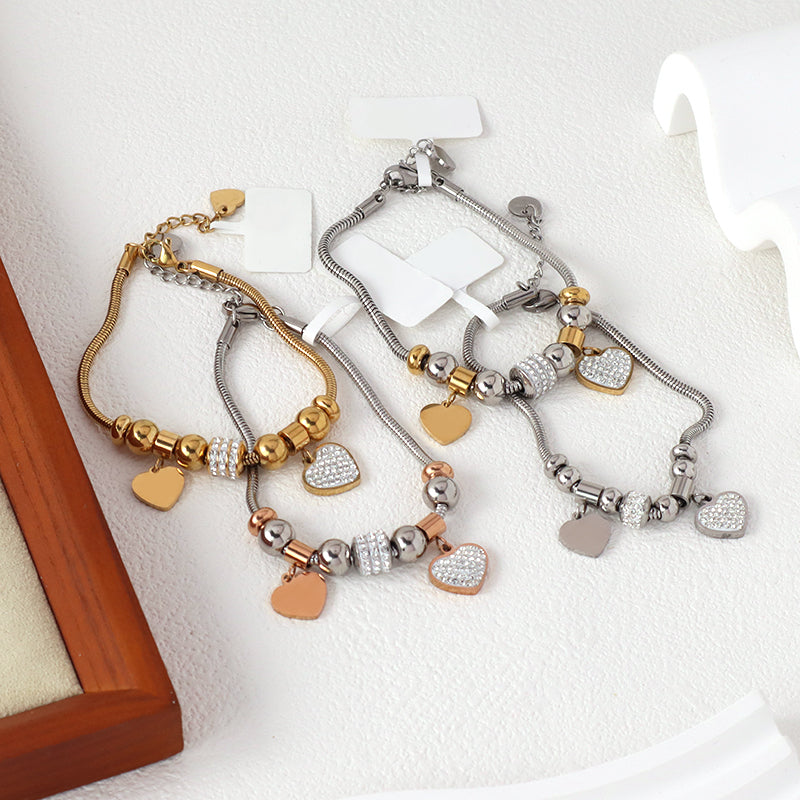Wholesale Fashion China Factory CZ Gold Plated Stainless Steel Heart Charm Bracelet Ajustable Manufacture New Custom Women Love Heart Bangle Jewelry