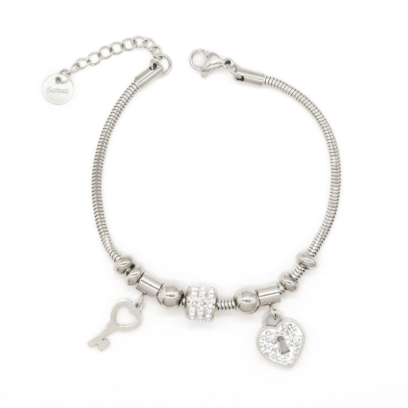 Manufacture New Wholesale Ajustable CZ Gold Plated Stainless Steel Key Heart Charm Bangle Jewelry China Factory Fashion Custom Women Heart Key Bracelet