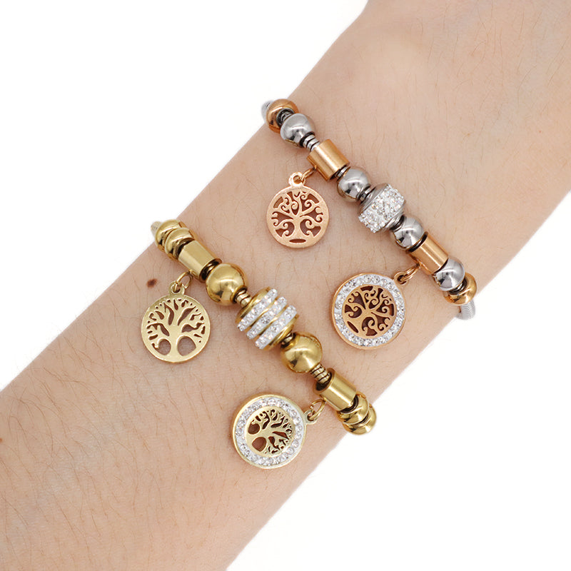 Fashion 2023 China Factory Manufacture Ajustable CZ Gold Plated Stainless Steel Tree Charm Bracelet New Wholesale Custom Women Lift Tree Bangle Jewelry