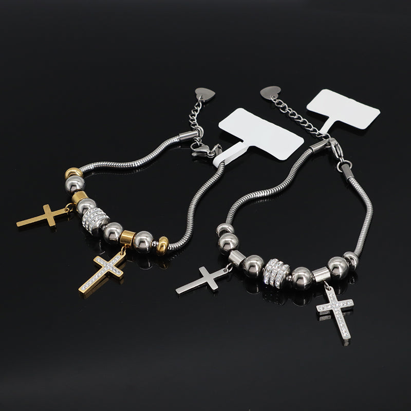 New Fashion Wholesale Cross Charm Bangle Jewelry China Factory Manufacture Custom Ajustable CZ Gold Plated Stainless Steel Cross Bracelet For Women