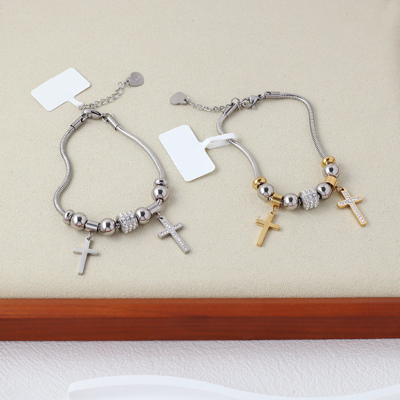 New Fashion Wholesale Cross Charm Bangle Jewelry China Factory Manufacture Custom Ajustable CZ Gold Plated Stainless Steel Cross Bracelet For Women