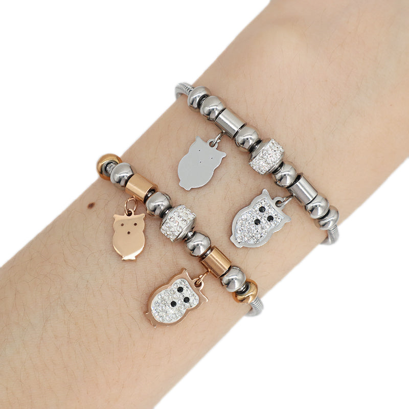 Wholesale Manufacture Fashion China Factory Customized Jewelry Women Ajustable CZ Stainless Steel Rose Gold Owl Charm Bracelet Bangle For Gift
