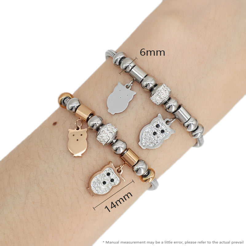 Wholesale Manufacture Fashion China Factory Customized Jewelry Women Ajustable CZ Stainless Steel Rose Gold Owl Charm Bracelet Bangle For Gift