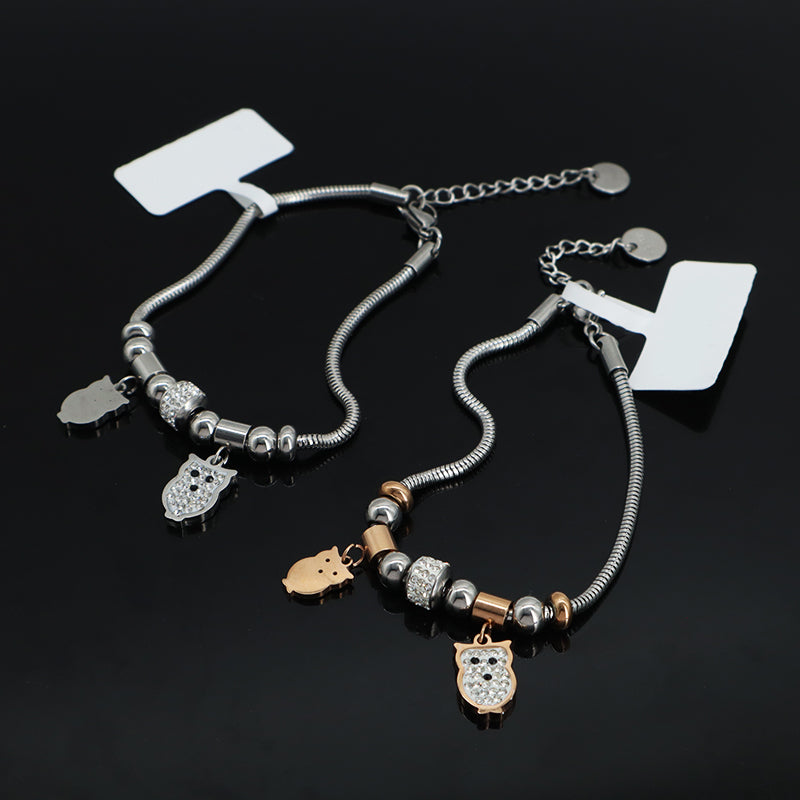 Wholesale Manufacture Fashion China Factory Customized Jewelry Women Ajustable CZ Stainless Steel Rose Gold Owl Charm Bracelet Bangle For Gift