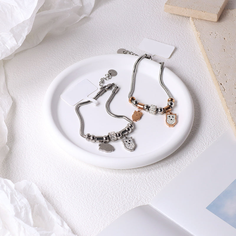Wholesale Manufacture Fashion China Factory Customized Jewelry Women Ajustable CZ Stainless Steel Rose Gold Owl Charm Bracelet Bangle For Gift