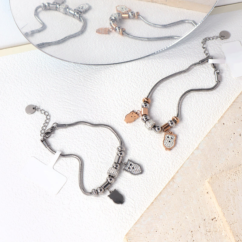 Wholesale Manufacture Fashion China Factory Customized Jewelry Women Ajustable CZ Stainless Steel Rose Gold Owl Charm Bracelet Bangle For Gift