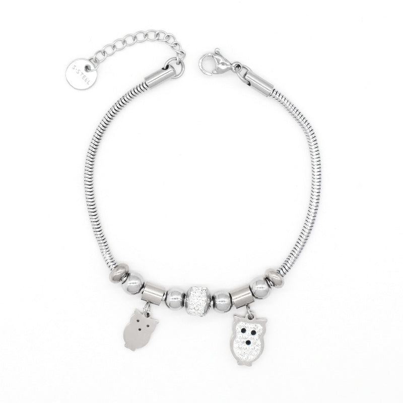 Wholesale Manufacture Fashion China Factory Customized Jewelry Women Ajustable CZ Stainless Steel Rose Gold Owl Charm Bracelet Bangle For Gift