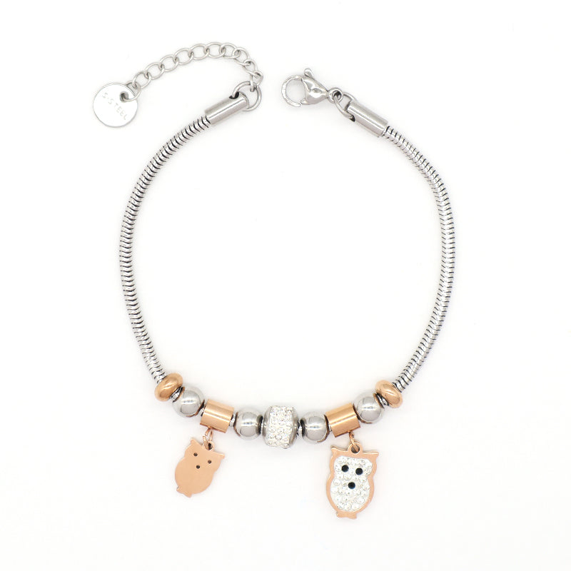 Wholesale Manufacture Fashion China Factory Customized Jewelry Women Ajustable CZ Stainless Steel Rose Gold Owl Charm Bracelet Bangle For Gift