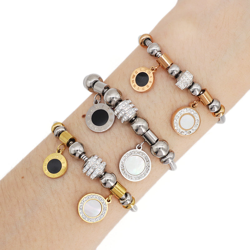 Wholesale Roman Numerals Charm Bangle Manufacture Custom New Fashion Jewelry China Factory Ajustable CZ Gold Plated Rose Gold Stainless Steel Round Roman Numerals Bracelet For Women