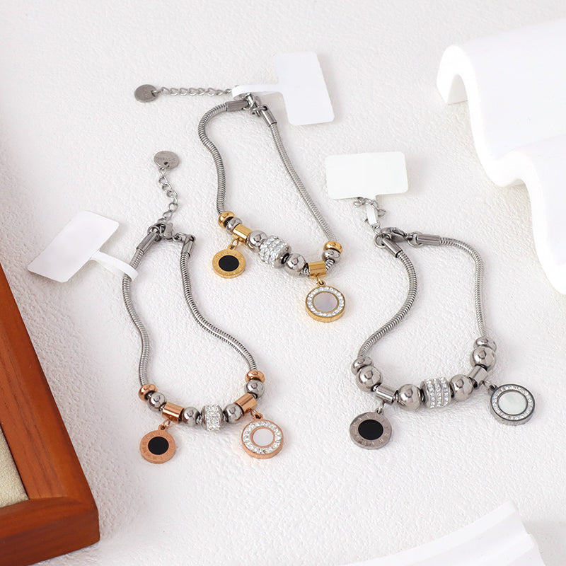 Wholesale Roman Numerals Charm Bangle Manufacture Custom New Fashion Jewelry China Factory Ajustable CZ Gold Plated Rose Gold Stainless Steel Round Roman Numerals Bracelet For Women